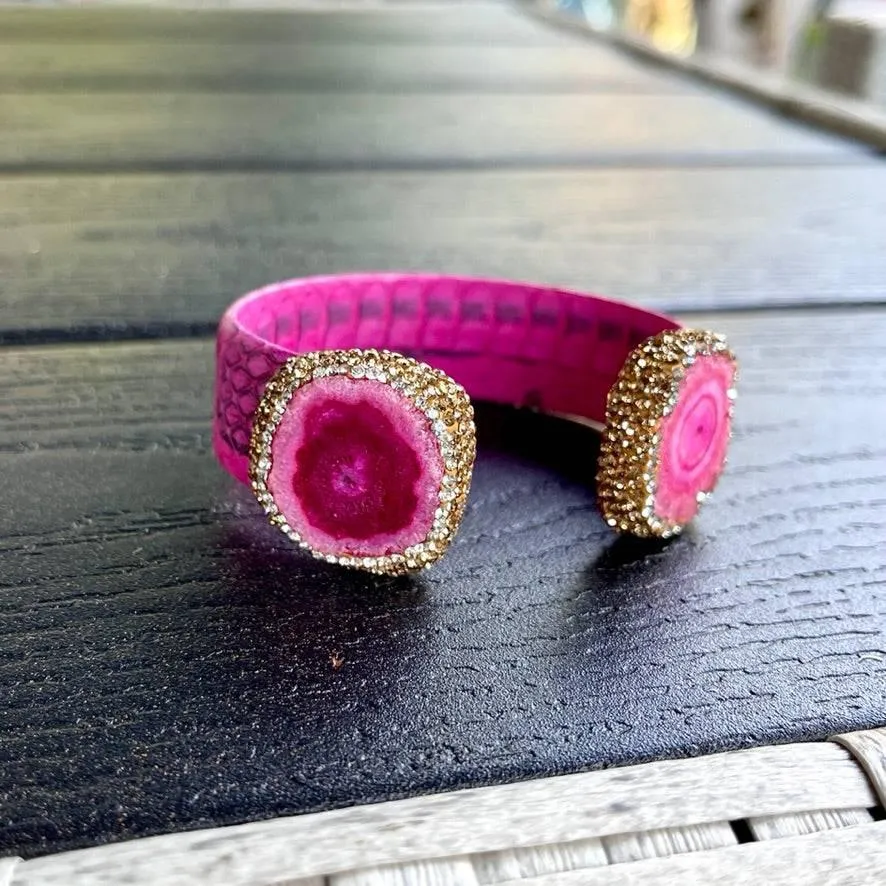 Pink Dyed Raw Crystal Open Cuff Bracelet with Pink Embossed Leather