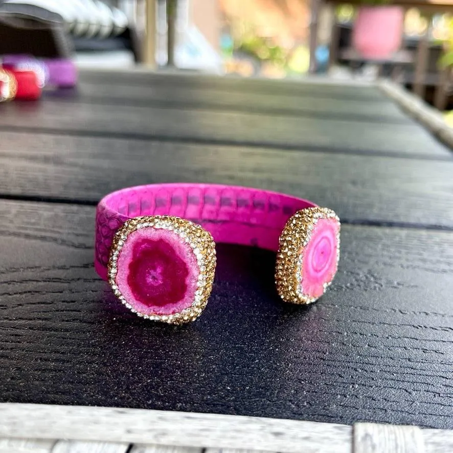 Pink Dyed Raw Crystal Open Cuff Bracelet with Pink Embossed Leather