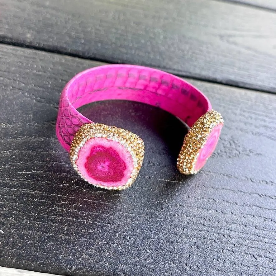 Pink Dyed Raw Crystal Open Cuff Bracelet with Pink Embossed Leather