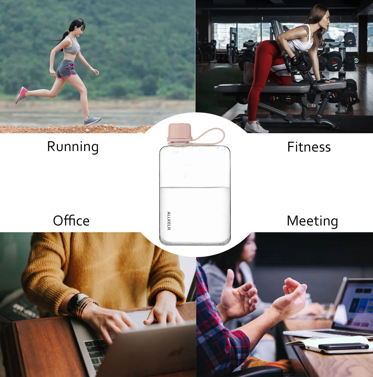 Portable Flat Water Bottle,BPA Free Reusable Tritan Plastic Travel Water Bottle Cup,Lightweight Leakproof Slim Water Bottle Fits Purse,Backpacking, Hiking (Pink, 17 oz)