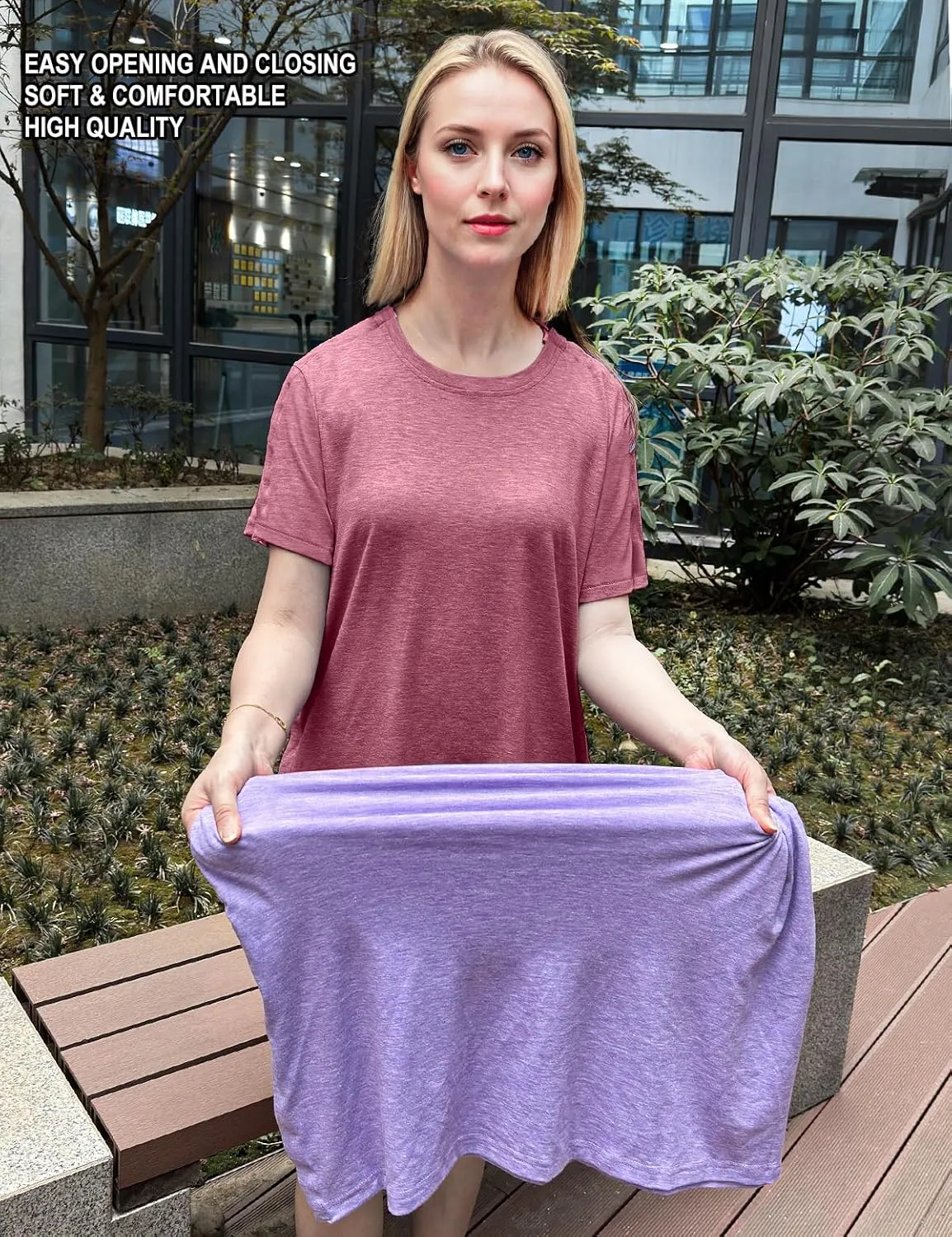 Post Shoulder Surgery Shirts for Women- Short Sleeve-Full Snap-Open Arm Shoulder Recovery Clothing Chemo Clothing