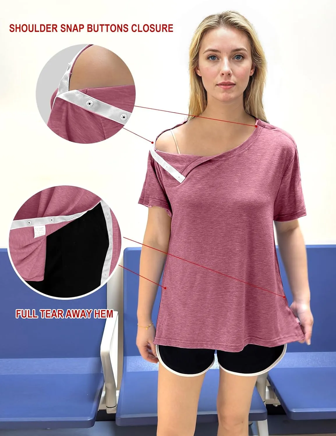 Post Shoulder Surgery Shirts for Women- Short Sleeve-Full Snap-Open Arm Shoulder Recovery Clothing Chemo Clothing