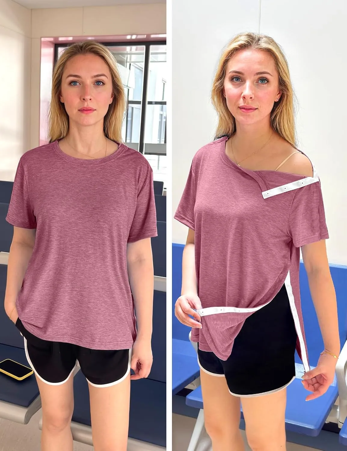 Post Shoulder Surgery Shirts for Women- Short Sleeve-Full Snap-Open Arm Shoulder Recovery Clothing Chemo Clothing