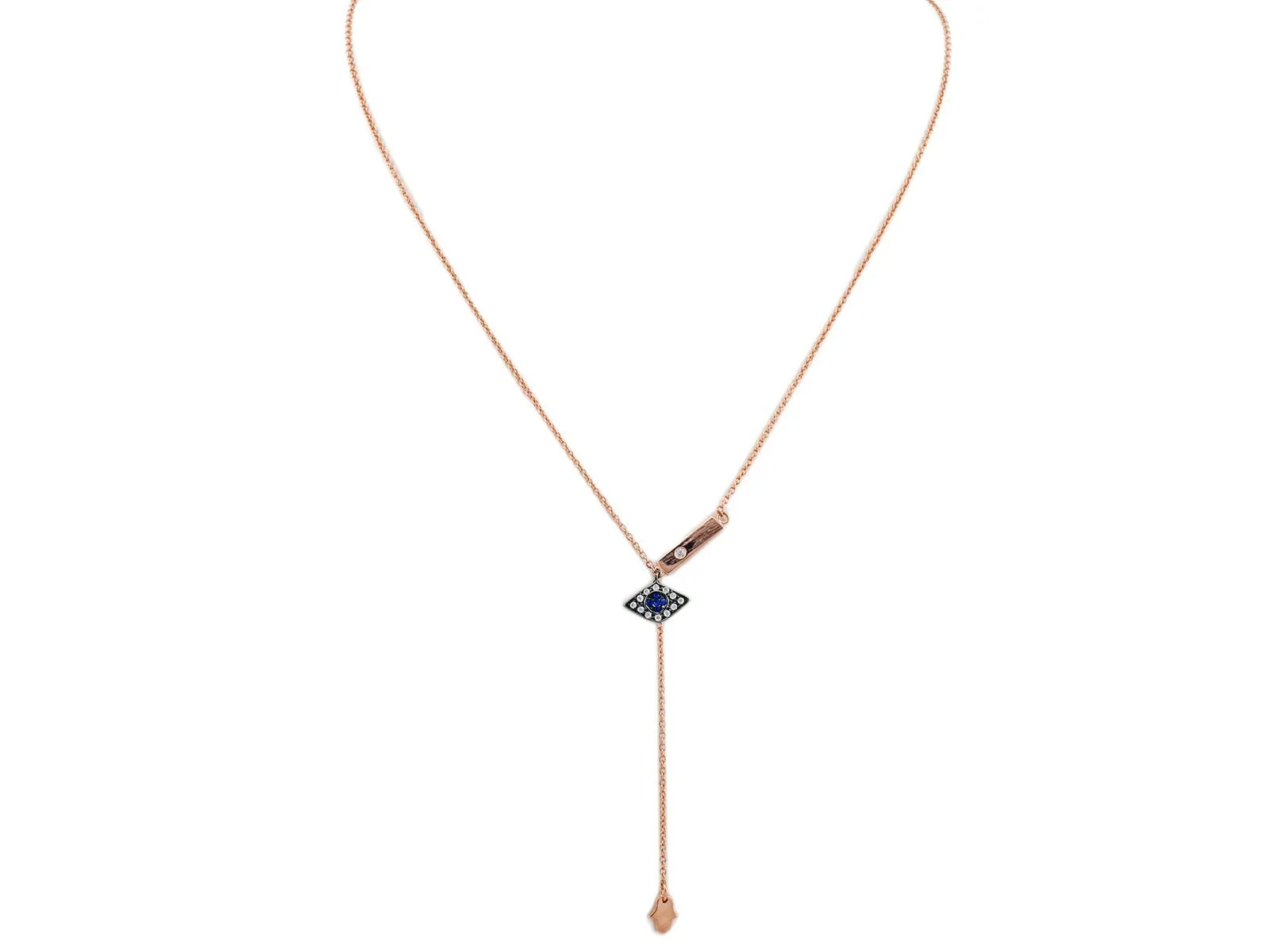 Rose Gold Plated Silver Hamsa and Eye Lariat Neckl