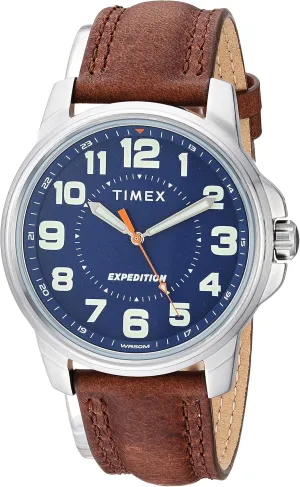 Timex Expedition Metal Field 39mm Mens Analog Watch | Brown Natural Leather Strap | INDIGLO Backlight and Luminous Hands | 24 Hour Time | Quick Date Function | Rugged Outdoor Watch | 50M Water Resistance