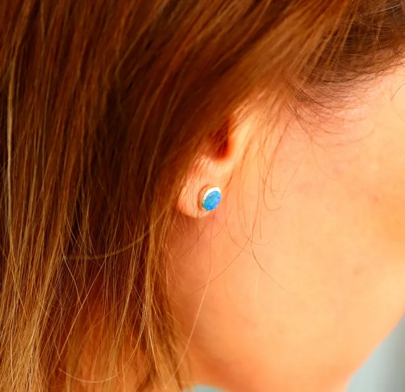 Triangle Stud Earrings with Blue Opal