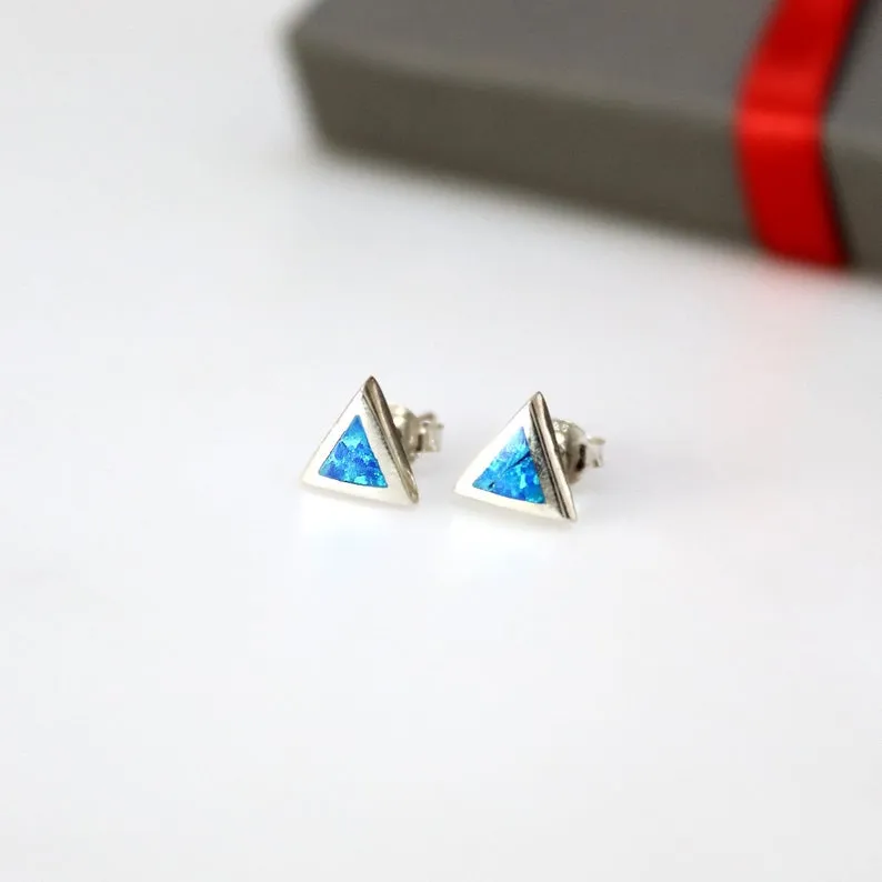 Triangle Stud Earrings with Blue Opal