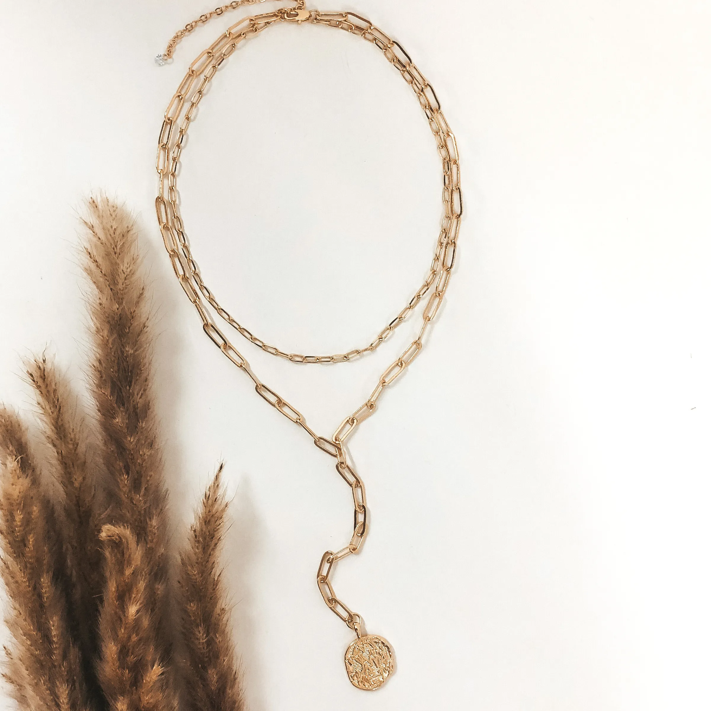 Two Strand Multi Chain Lariat Style Necklace with Coin in Gold
