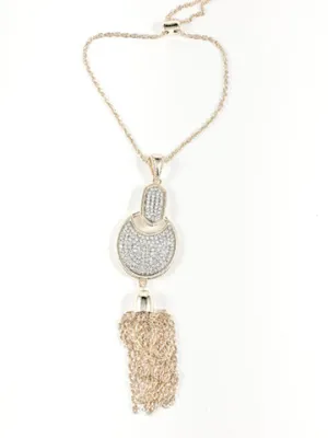 Unique Fancy Micro Crystal Mix Shape Dangle Charm With Tassel Lariat Gold Tone Brass Necklace