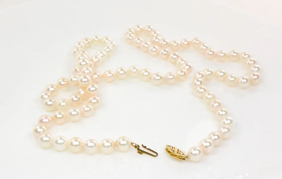 Vintage 14k Yellow Gold Cultured Pearl Necklace, 6.0 - 6.4 mm Strand of Pearls, Bridal Necklace 24"