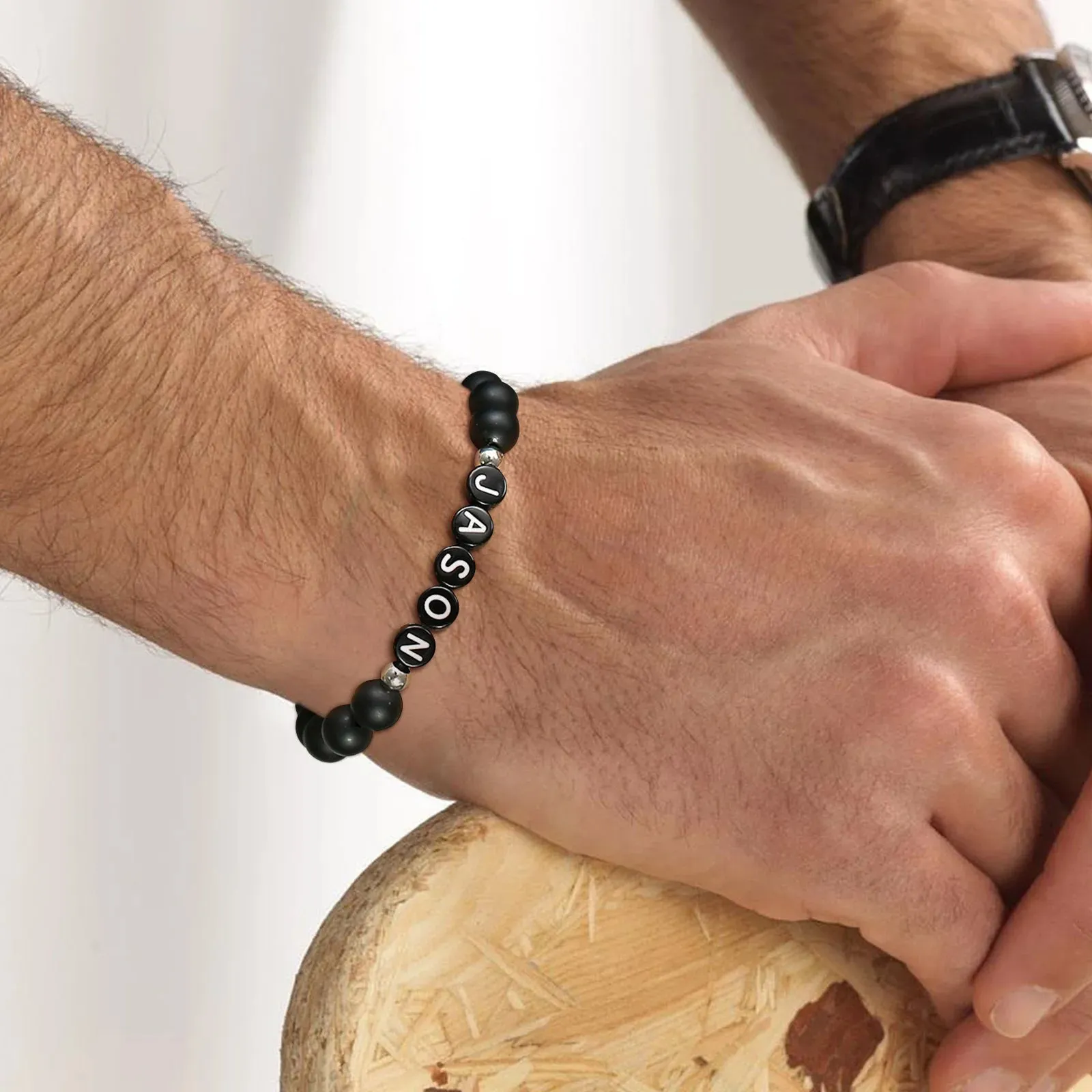 Vnox Custom Initials Beads Bracelets for Men Women, Black Letters Alphabet Beaded Bangle, Casual Name Bracelet, BFF Family Gifts