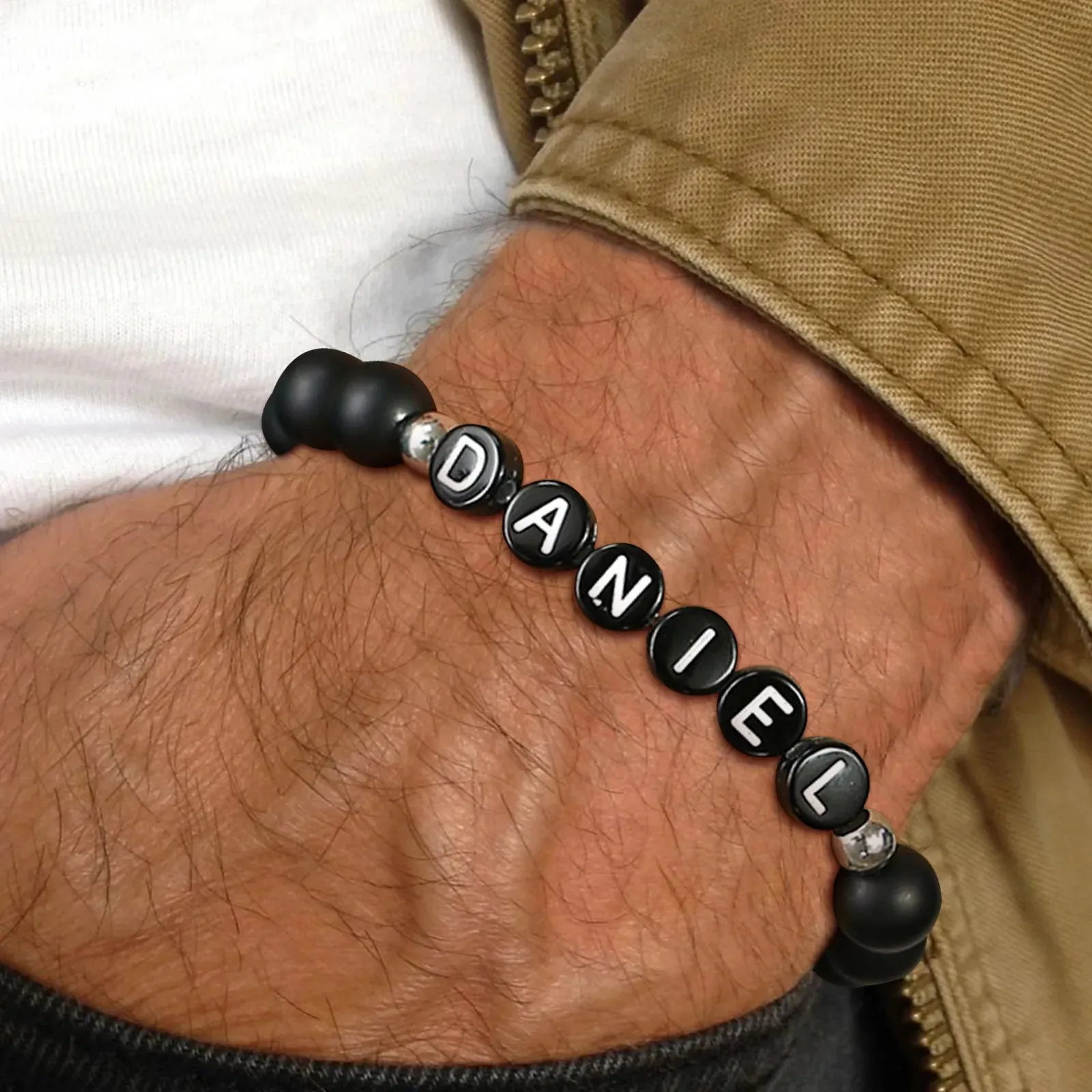 Vnox Custom Initials Beads Bracelets for Men Women, Black Letters Alphabet Beaded Bangle, Casual Name Bracelet, BFF Family Gifts