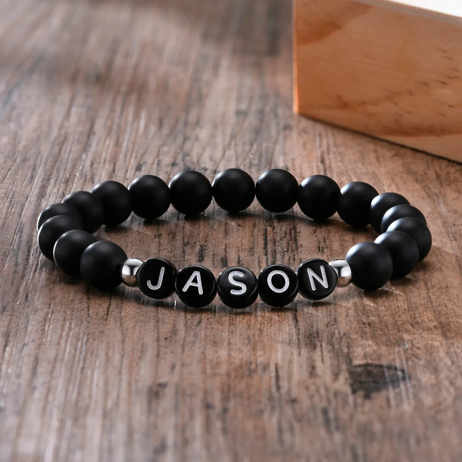 Vnox Custom Initials Beads Bracelets for Men Women, Black Letters Alphabet Beaded Bangle, Casual Name Bracelet, BFF Family Gifts
