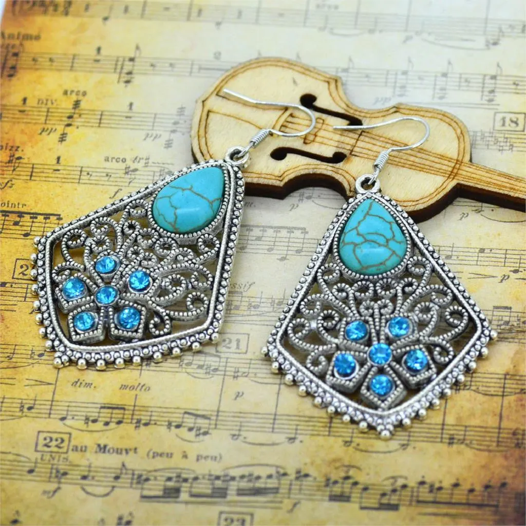 Water-Drop Turquoise Earrings Crystal Silver Dangle Earrings for Women Summer Style Fine Jewelry for Women