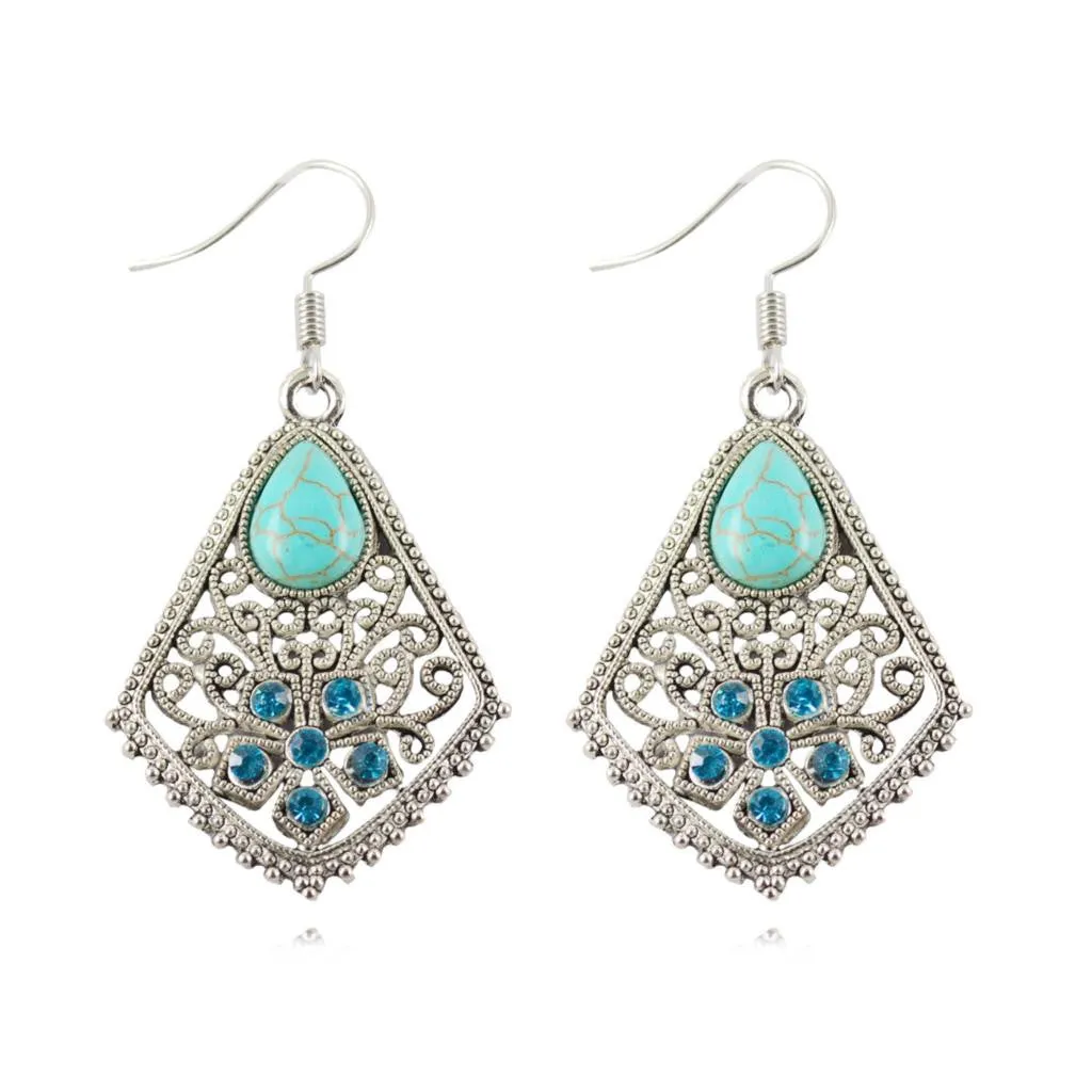 Water-Drop Turquoise Earrings Crystal Silver Dangle Earrings for Women Summer Style Fine Jewelry for Women