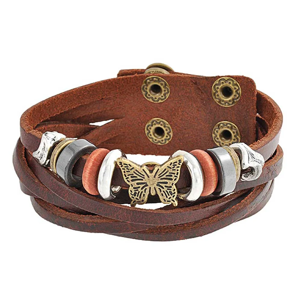 Wide Butterfly Charm Brown Multi Strand Wrap Bracelet with Gold Tone Snaps