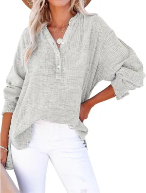 Womens Summer Tops Long Sleeve Henley Shirts Casual Button Down Shirts Oversized Solid Color Blouses Pleated Tops