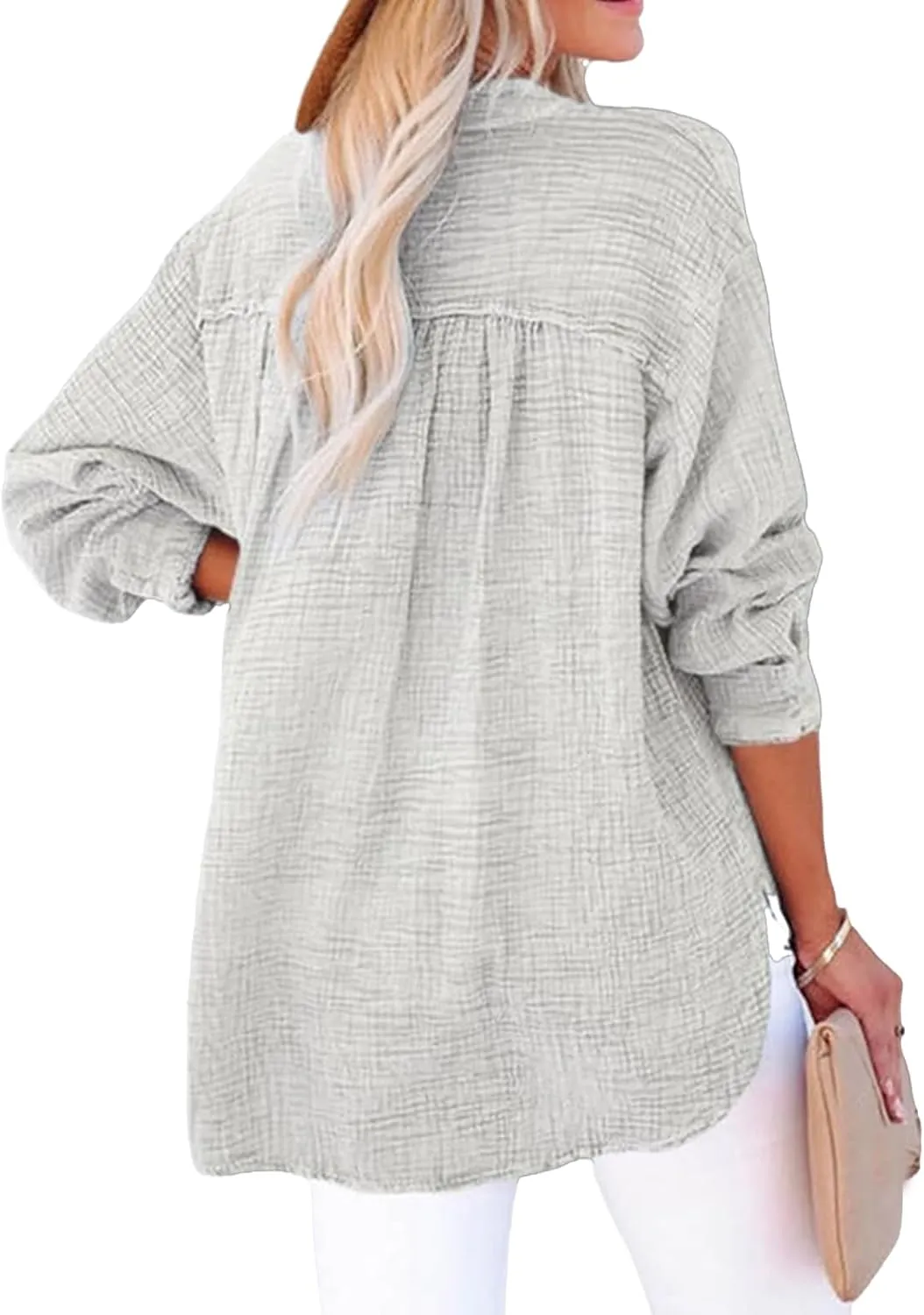 Womens Summer Tops Long Sleeve Henley Shirts Casual Button Down Shirts Oversized Solid Color Blouses Pleated Tops