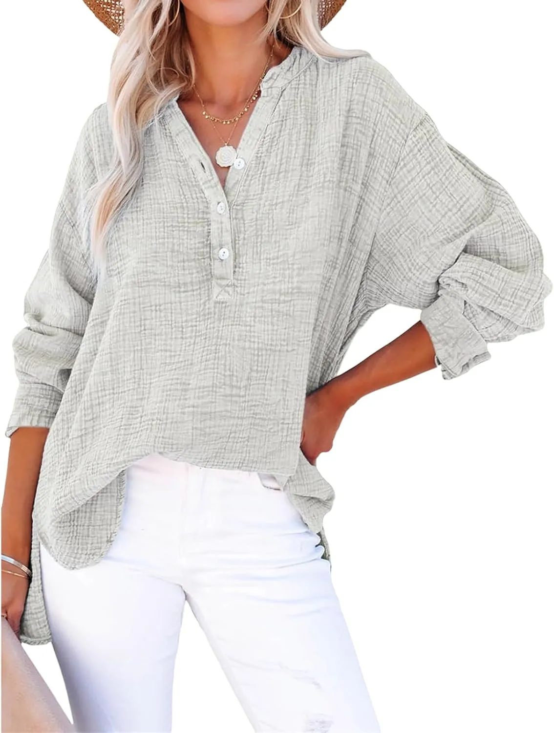 Womens Summer Tops Long Sleeve Henley Shirts Casual Button Down Shirts Oversized Solid Color Blouses Pleated Tops