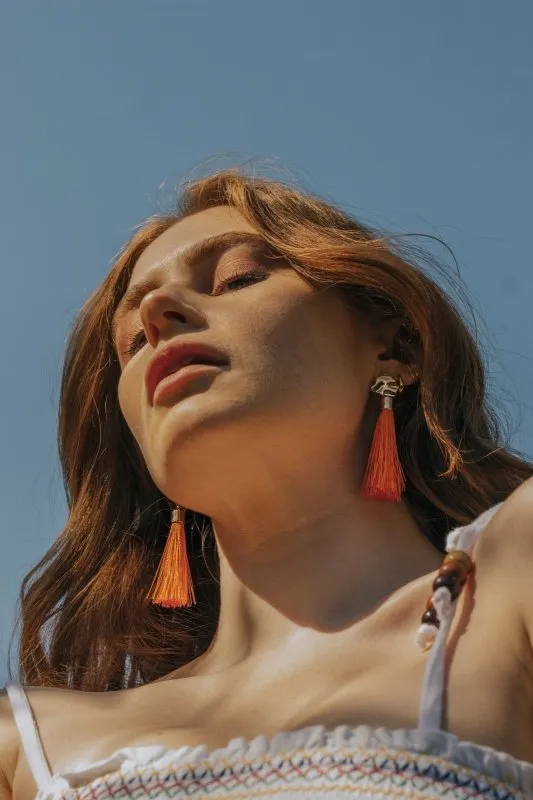 Xander Kostroma Gold Tone & Neon Orange Tassel Drop Earrings - 8 cm Drop, Handmade Statement Jewelry for Bold, Stylish Looks