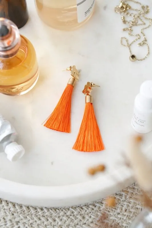 Xander Kostroma Gold Tone & Neon Orange Tassel Drop Earrings - 8 cm Drop, Handmade Statement Jewelry for Bold, Stylish Looks