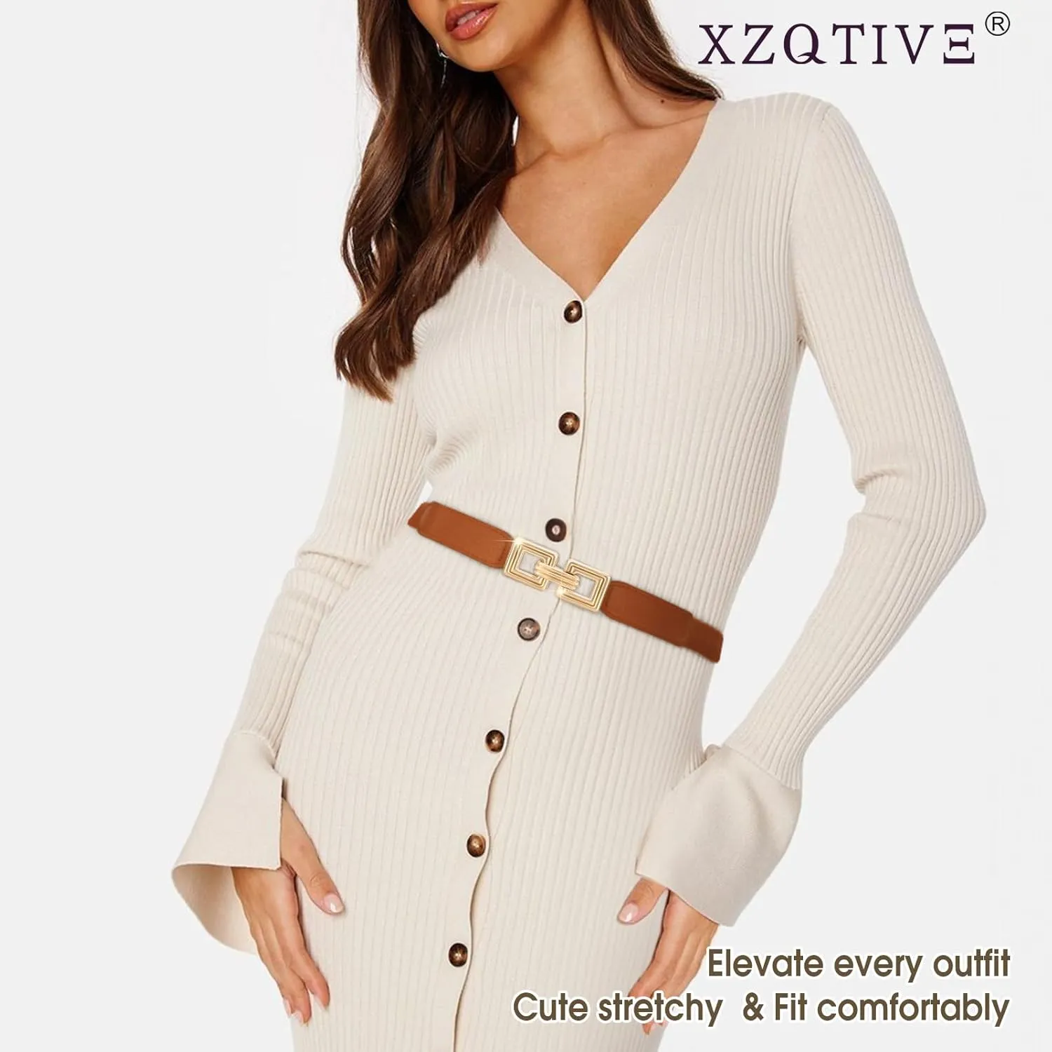 XZQTIVE 2 Pack Women Skinny Stretchy Cinch Belt for Dresses, Thin Elastic Belt Ladies Waist Belt with Retro Gold Buckle
