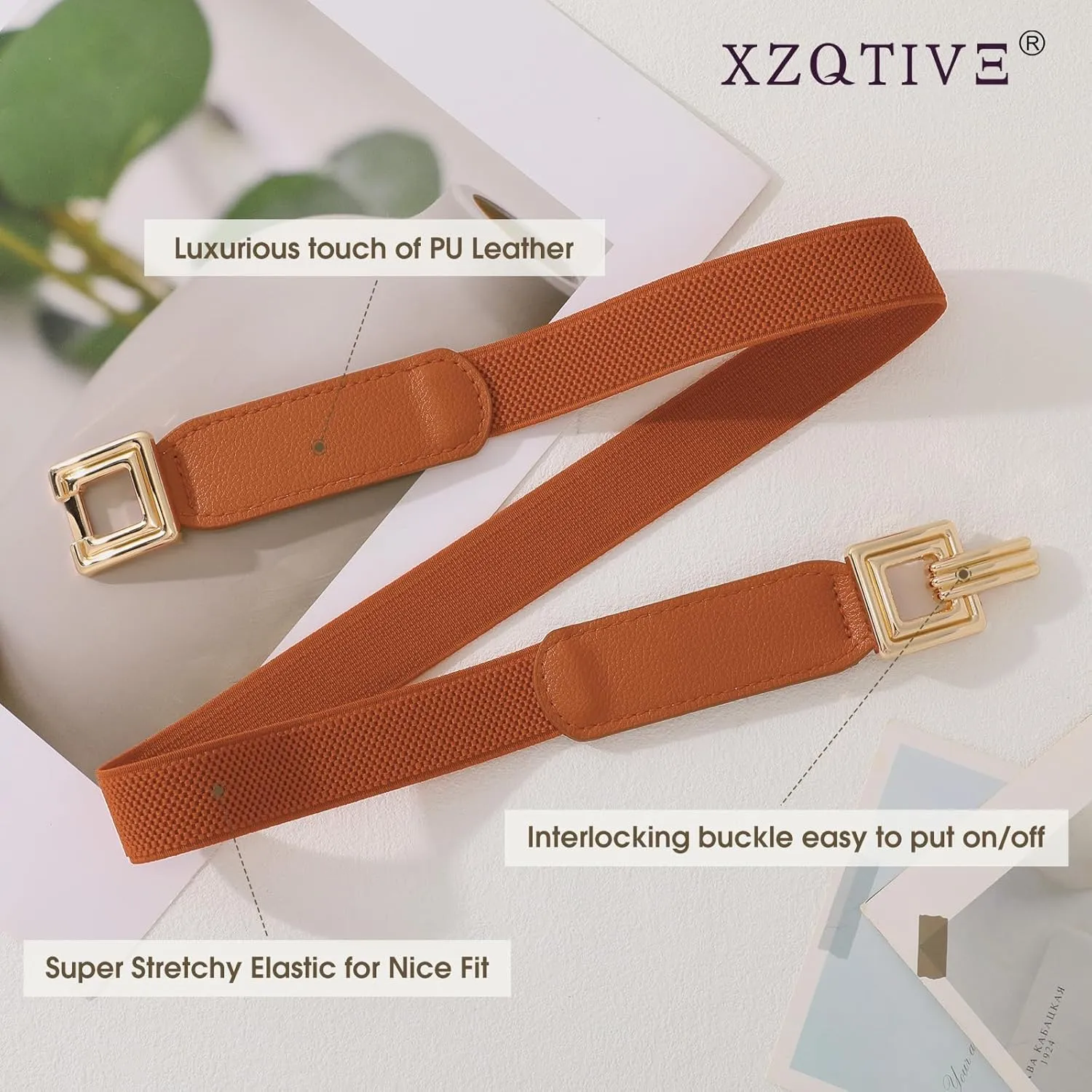 XZQTIVE 2 Pack Women Skinny Stretchy Cinch Belt for Dresses, Thin Elastic Belt Ladies Waist Belt with Retro Gold Buckle