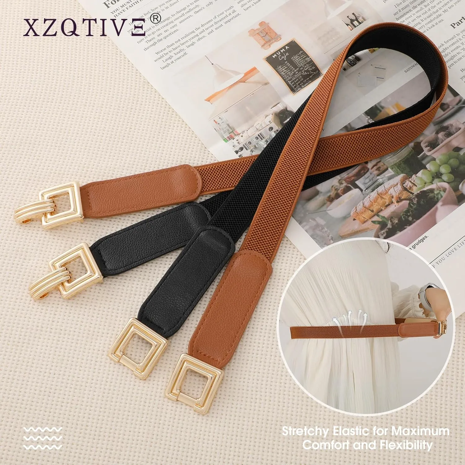 XZQTIVE 2 Pack Women Skinny Stretchy Cinch Belt for Dresses, Thin Elastic Belt Ladies Waist Belt with Retro Gold Buckle