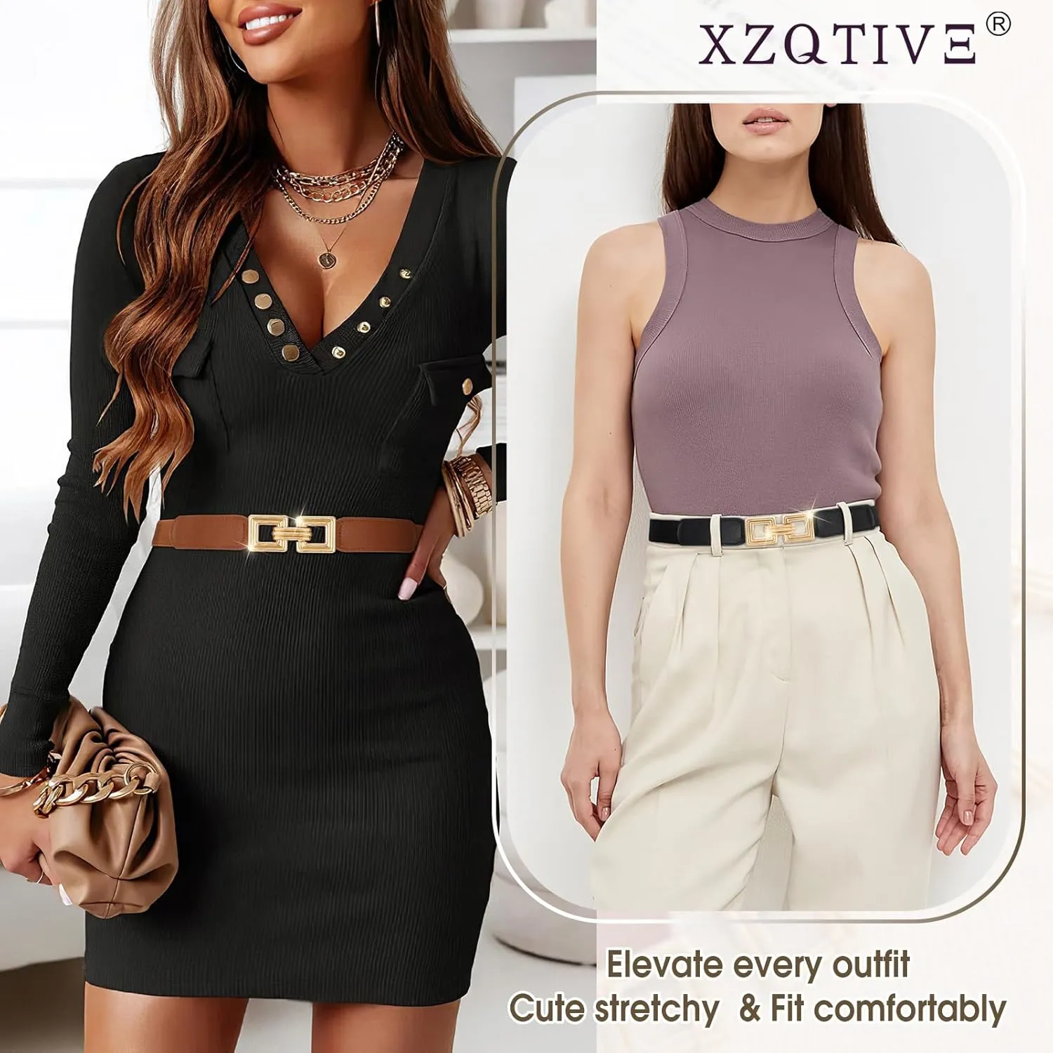 XZQTIVE 2 Pack Women Skinny Stretchy Cinch Belt for Dresses, Thin Elastic Belt Ladies Waist Belt with Retro Gold Buckle