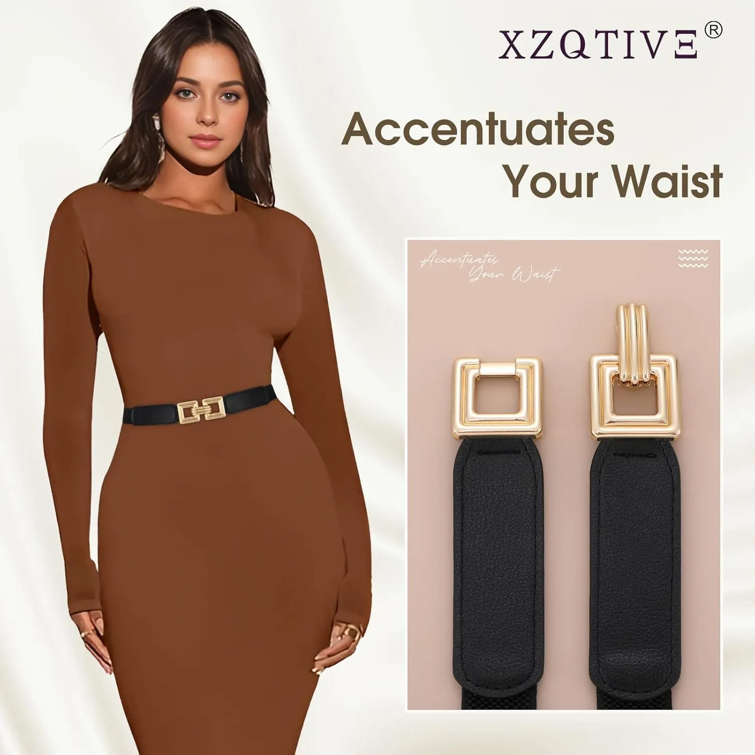 XZQTIVE 2 Pack Women Skinny Stretchy Cinch Belt for Dresses, Thin Elastic Belt Ladies Waist Belt with Retro Gold Buckle