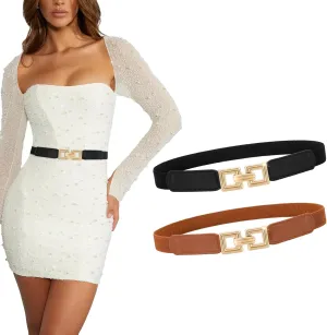 XZQTIVE 2 Pack Women Skinny Stretchy Cinch Belt for Dresses, Thin Elastic Belt Ladies Waist Belt with Retro Gold Buckle